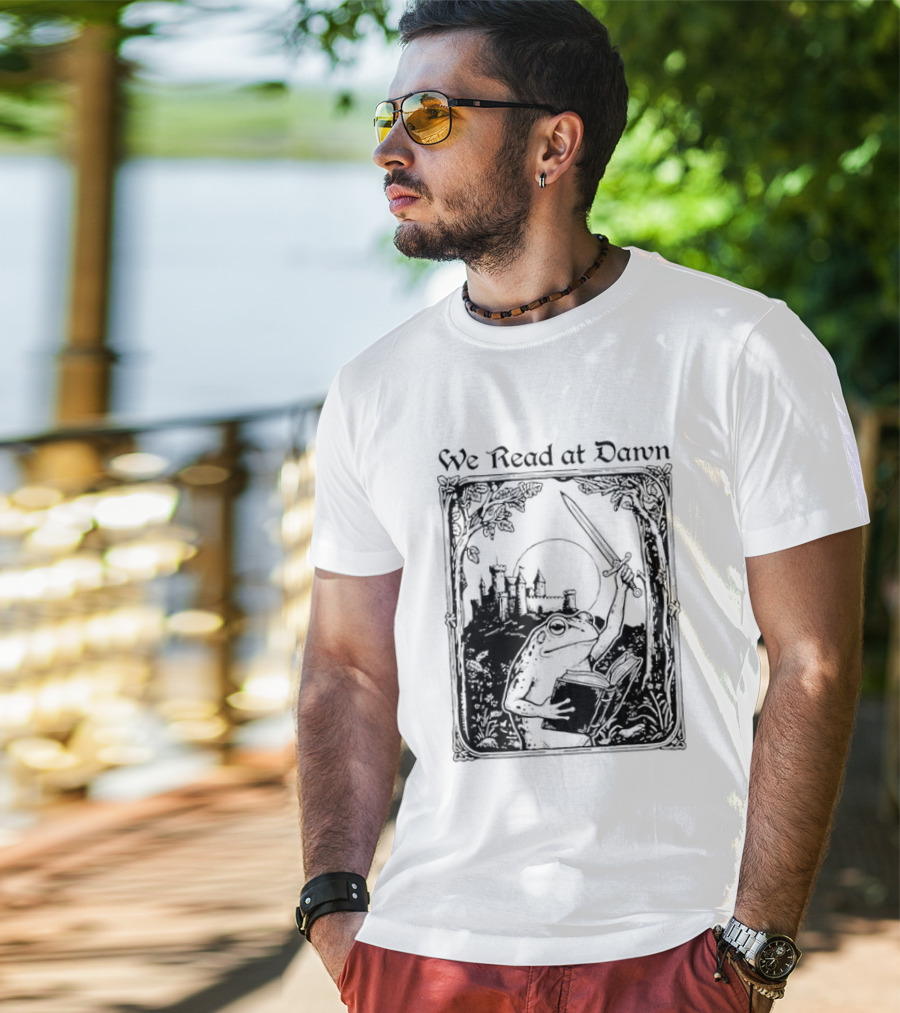We Read At Dawn Frog Holding Sword And Book In Enchanted Forest T-Shirt
