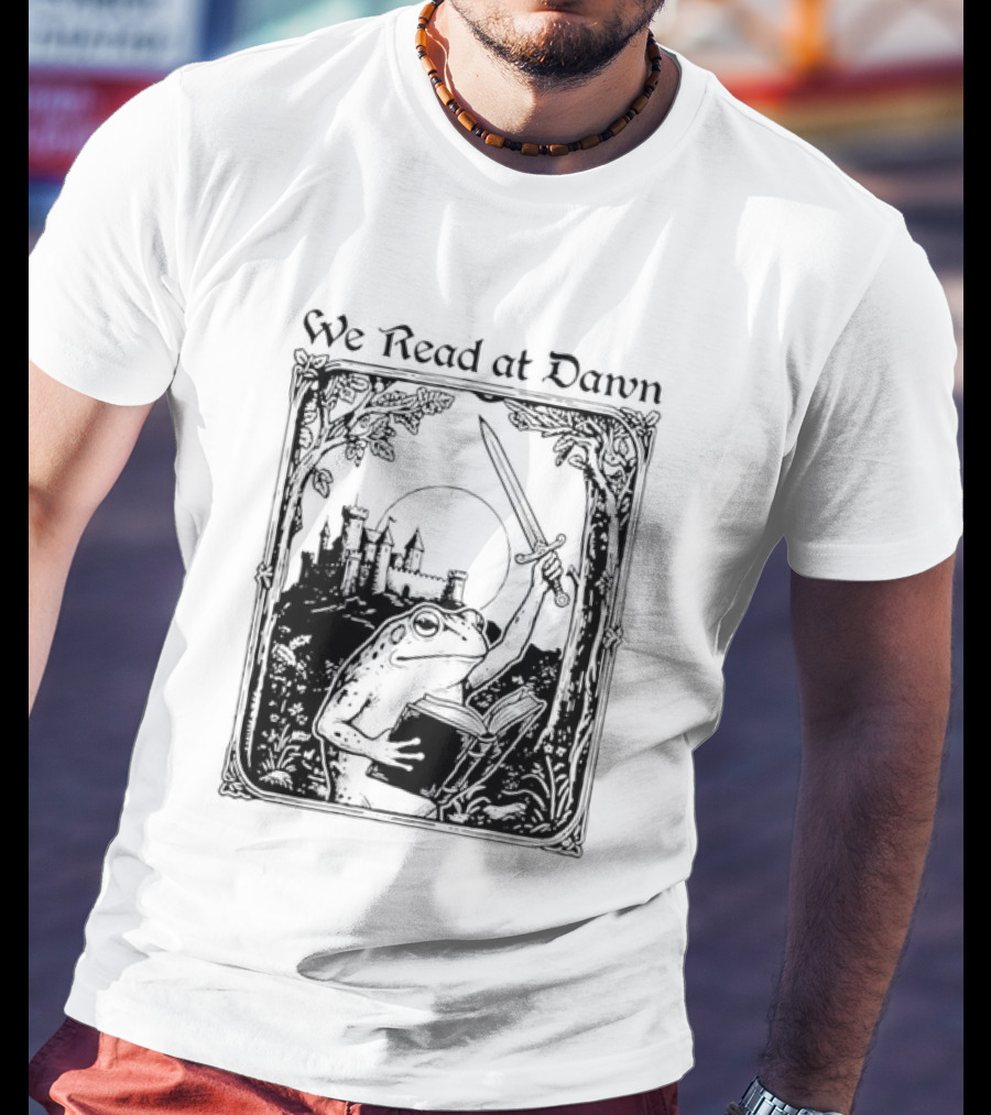 We Read At Dawn Frog Holding Sword And Book In Enchanted Forest T-Shirt