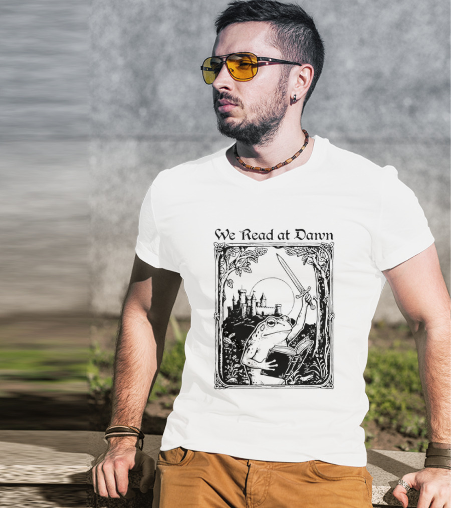 We Read At Dawn Frog Holding Sword And Book In Enchanted Forest T-Shirt