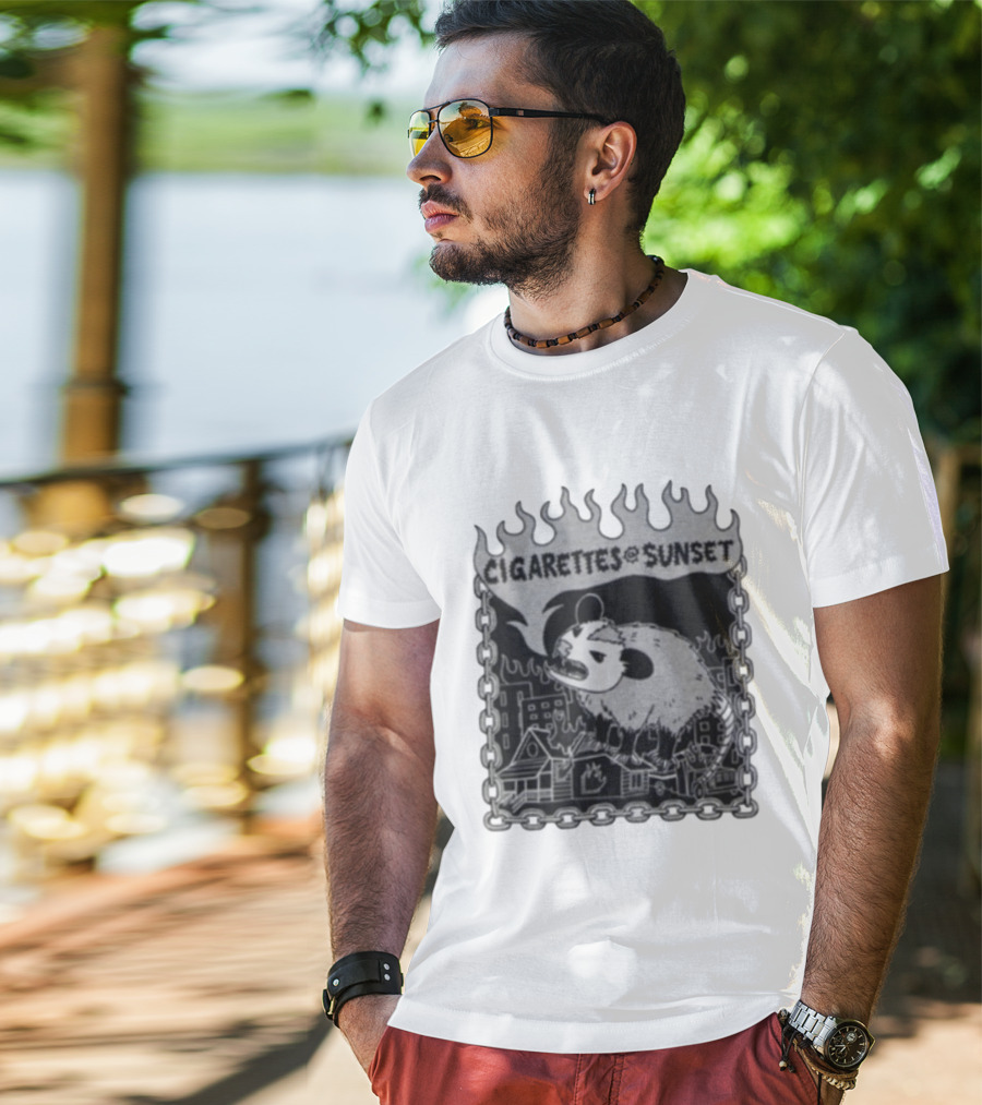 Cigarettes At Sunset OG Possum In Fiery Cityscape With Chains T-Shirt