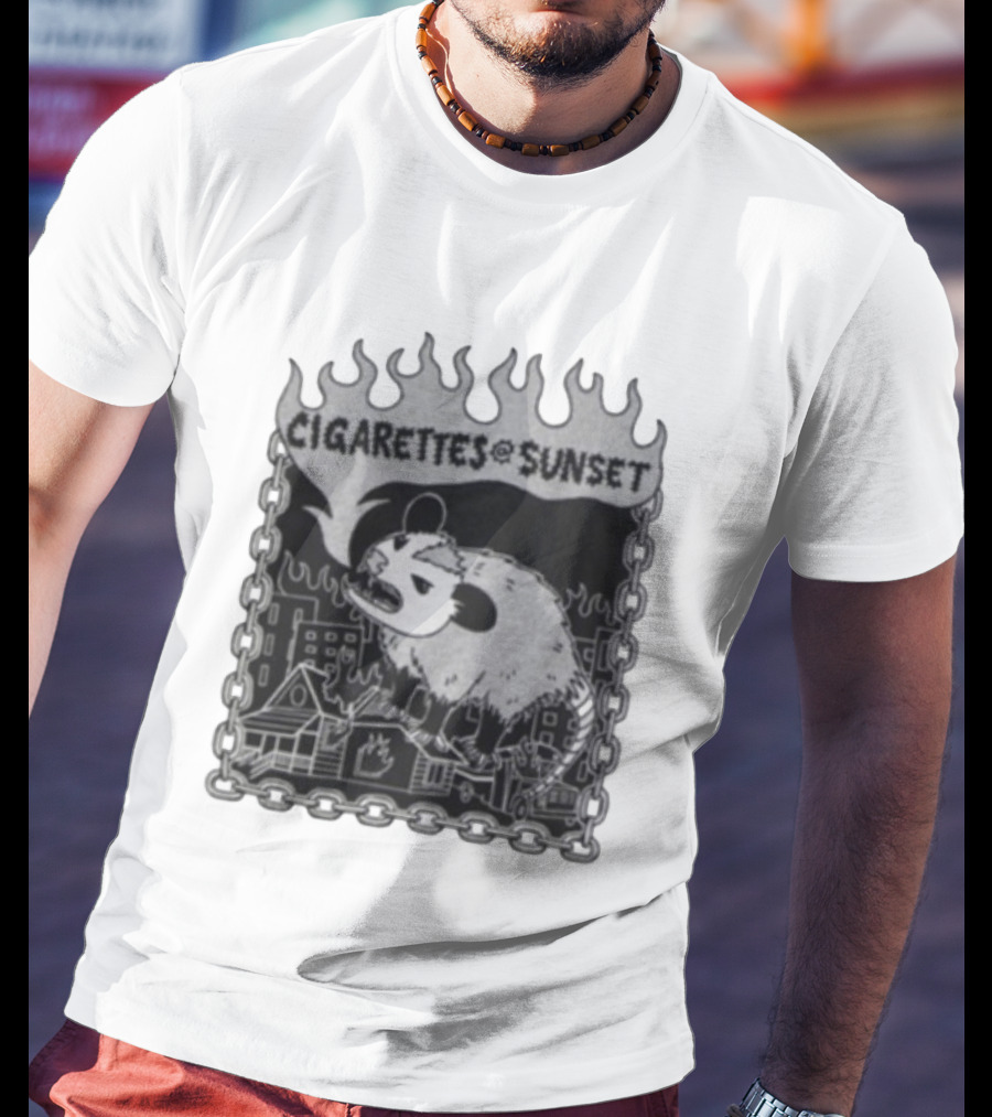 Cigarettes At Sunset OG Possum In Fiery Cityscape With Chains T-Shirt