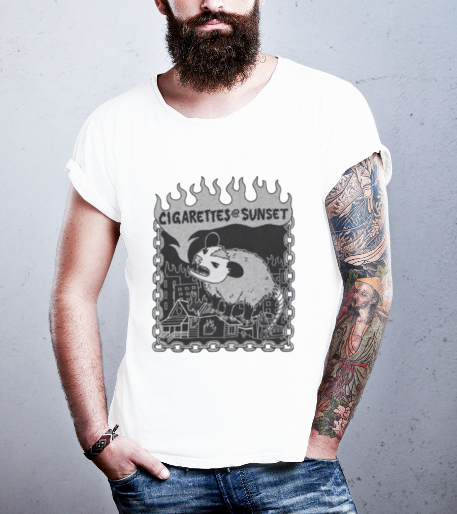 Cigarettes At Sunset OG Possum In Fiery Cityscape With Chains T-Shirt