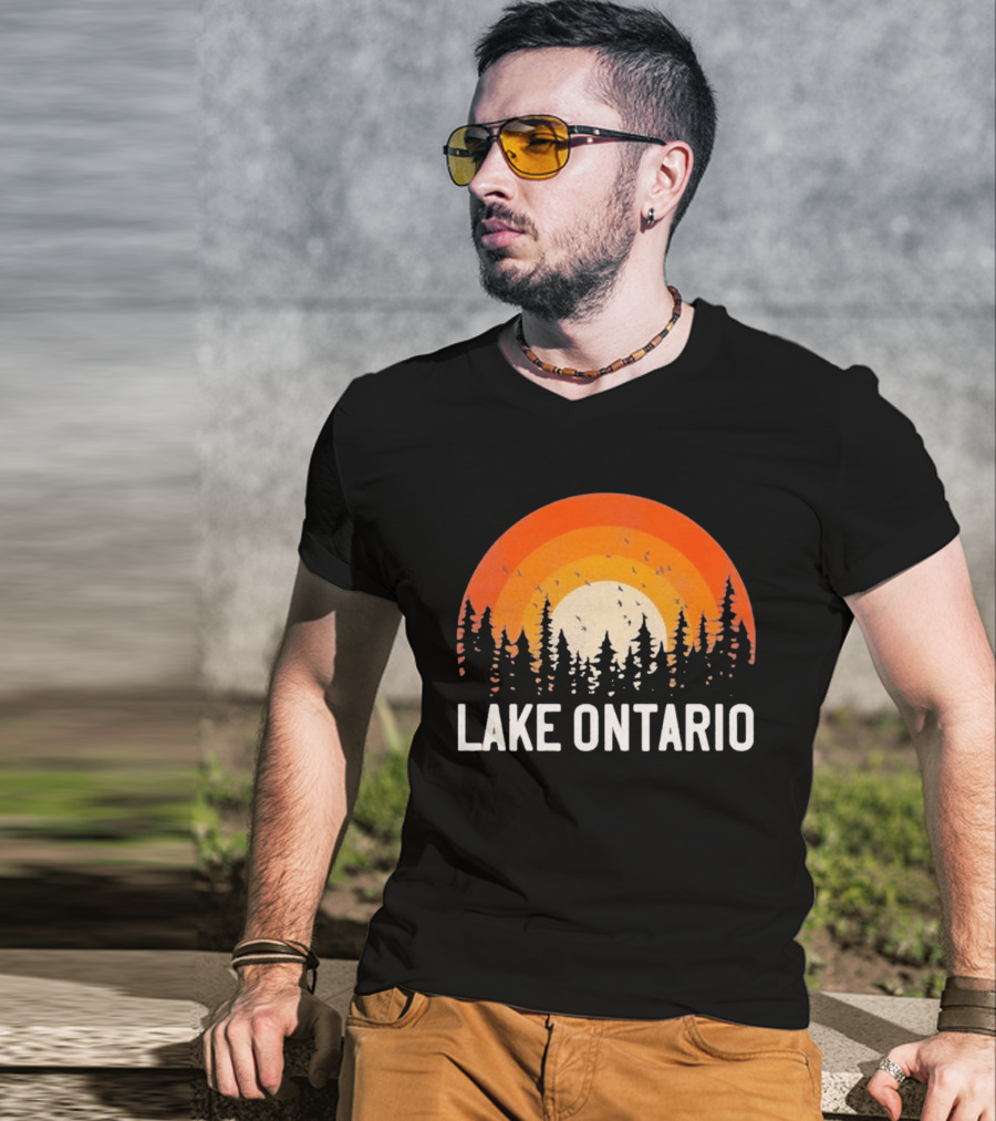 Lake Ontario Sunset Forest Birds Nature Scene With Orange Yellow Gradient T-Shirt