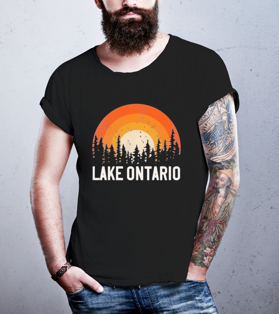 Lake Ontario Sunset Forest Birds Nature Scene With Orange Yellow Gradient T-Shirt