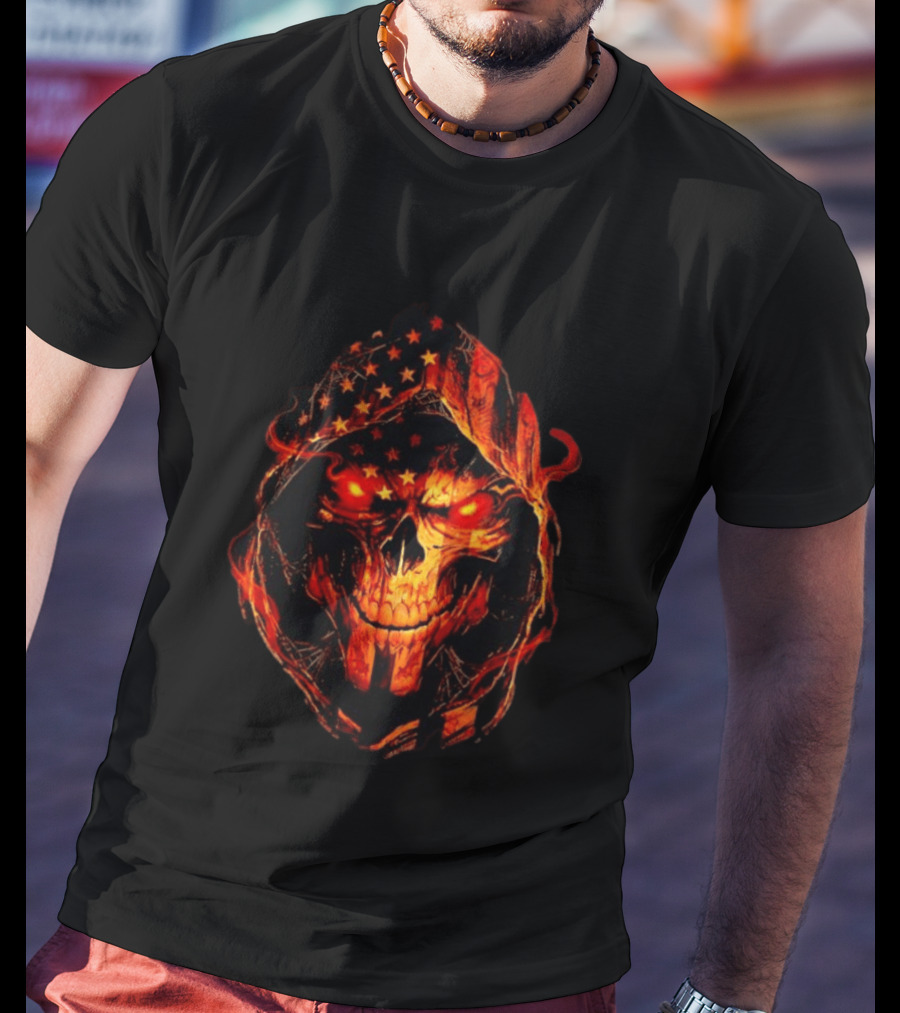 American Flag Skull Grim Reaper With Glowing Red Eyes T-Shirt