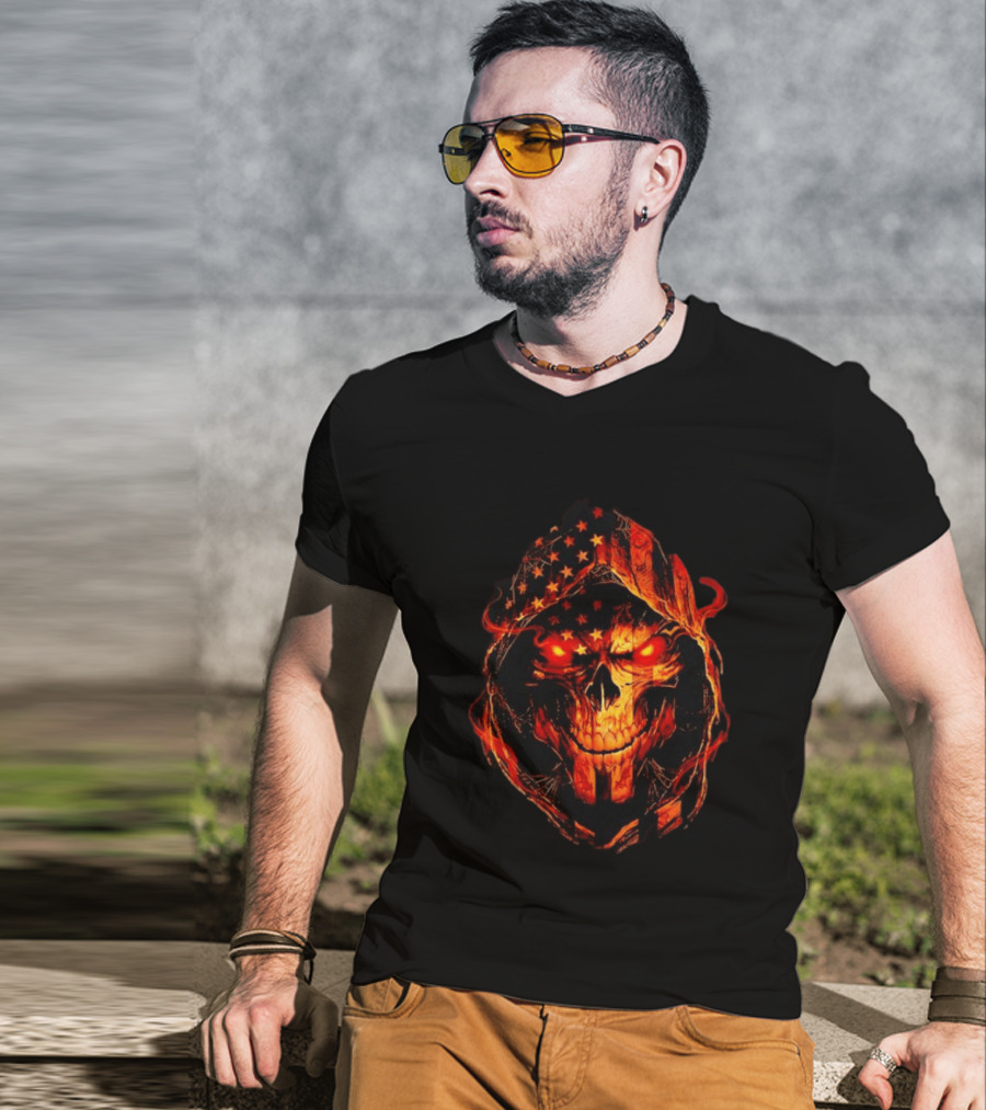 American Flag Skull Grim Reaper With Glowing Red Eyes T-Shirt