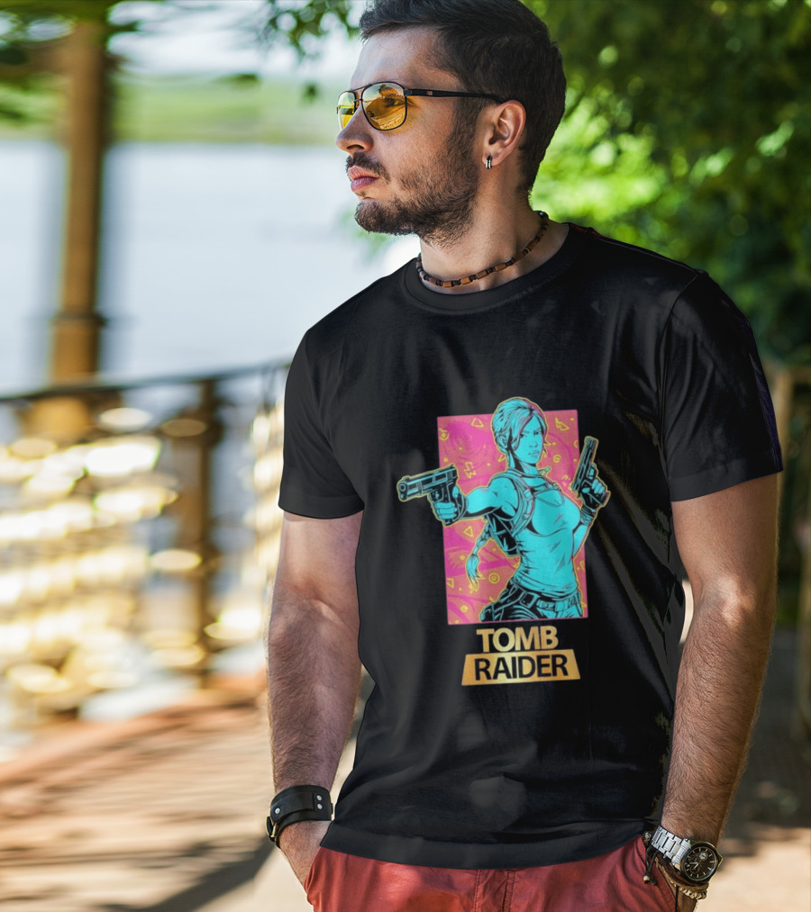 Tomb Raider Lara Croft Neon Halftone Dual Pistols T-Shirt