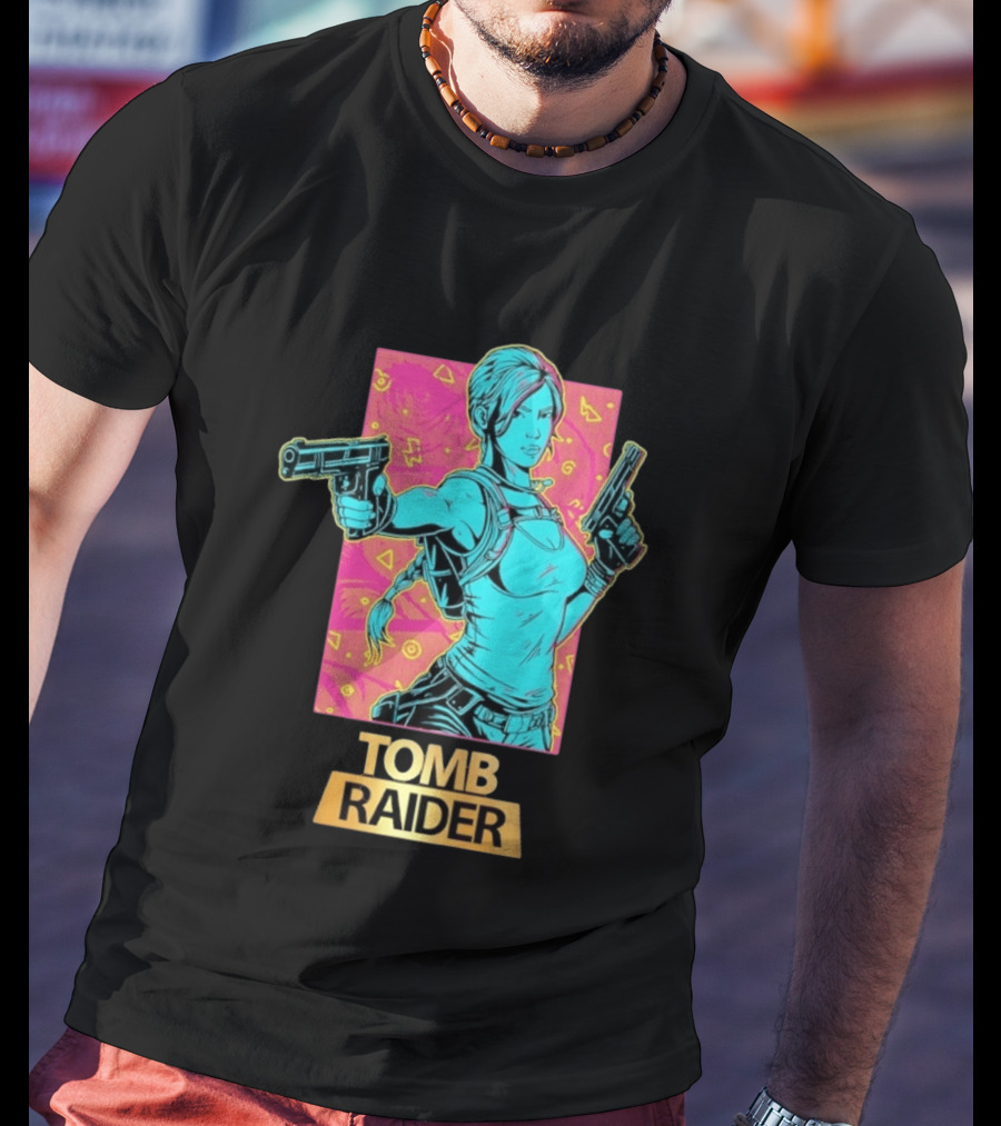 Tomb Raider Lara Croft Neon Halftone Dual Pistols T-Shirt