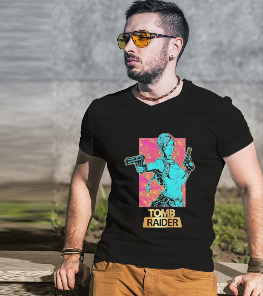 Tomb Raider Lara Croft Neon Halftone Dual Pistols T-Shirt