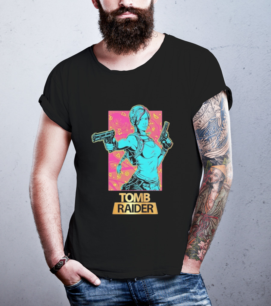 Tomb Raider Lara Croft Neon Halftone Dual Pistols T-Shirt