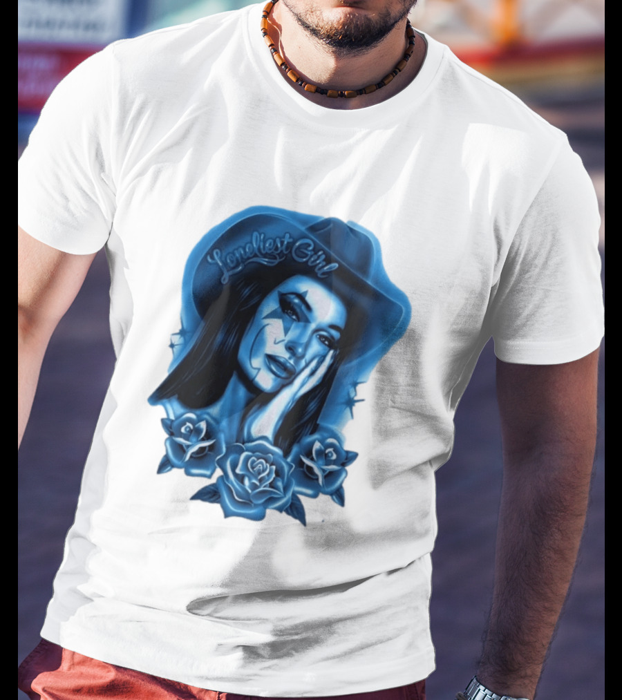 Loneliest Girl Airbrush Cowgirl In Blue With Roses T-Shirt