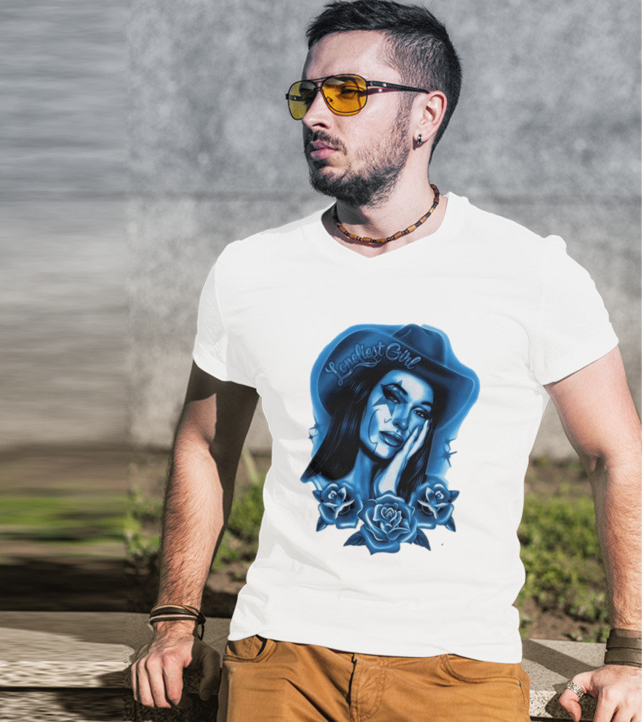 Loneliest Girl Airbrush Cowgirl In Blue With Roses T-Shirt