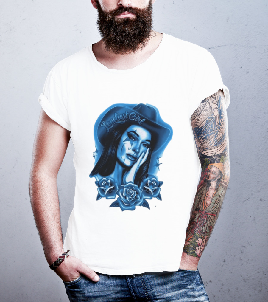 Loneliest Girl Airbrush Cowgirl In Blue With Roses T-Shirt