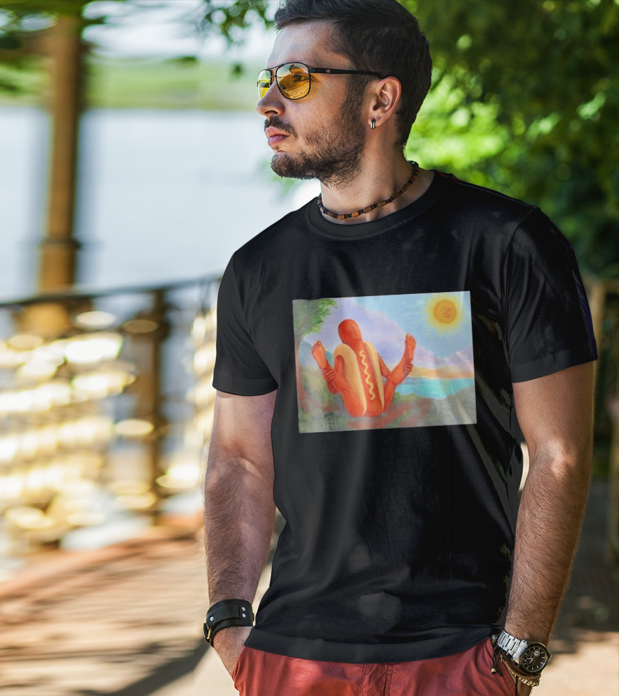 Surreal Hot Dog Doing Yoga At Sunrise With Smiling Sun T-Shirt