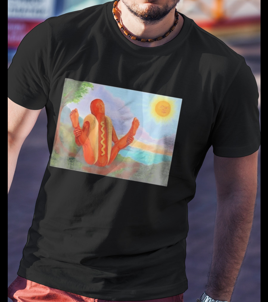 Surreal Hot Dog Doing Yoga At Sunrise With Smiling Sun T-Shirt