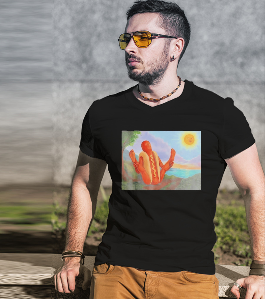 Surreal Hot Dog Doing Yoga At Sunrise With Smiling Sun T-Shirt