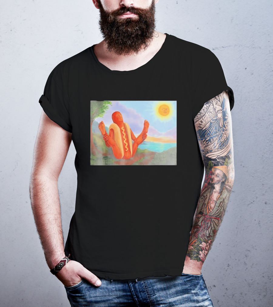 Surreal Hot Dog Doing Yoga At Sunrise With Smiling Sun T-Shirt