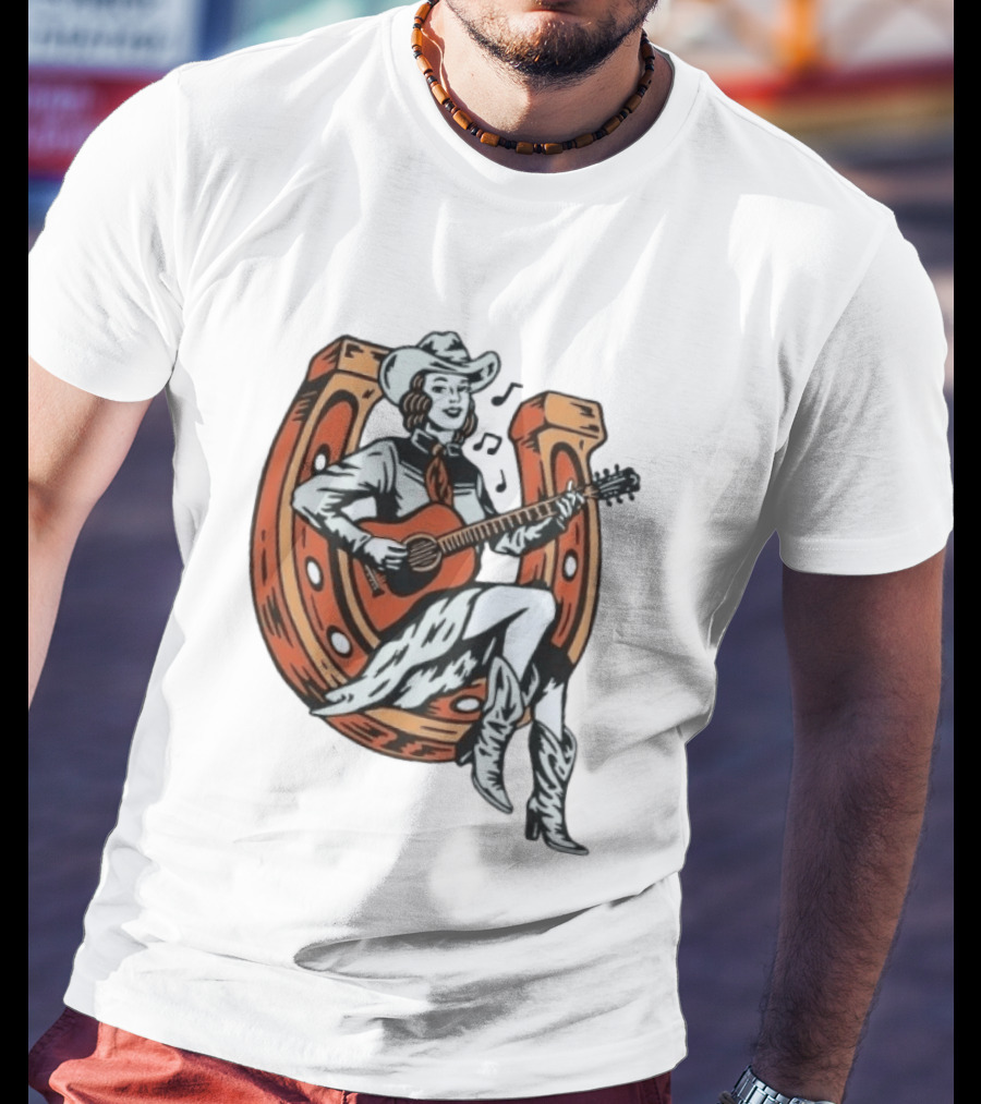 Cowgirl Playing Guitar On Horseshoe Classic Western Music Scene T-Shirt