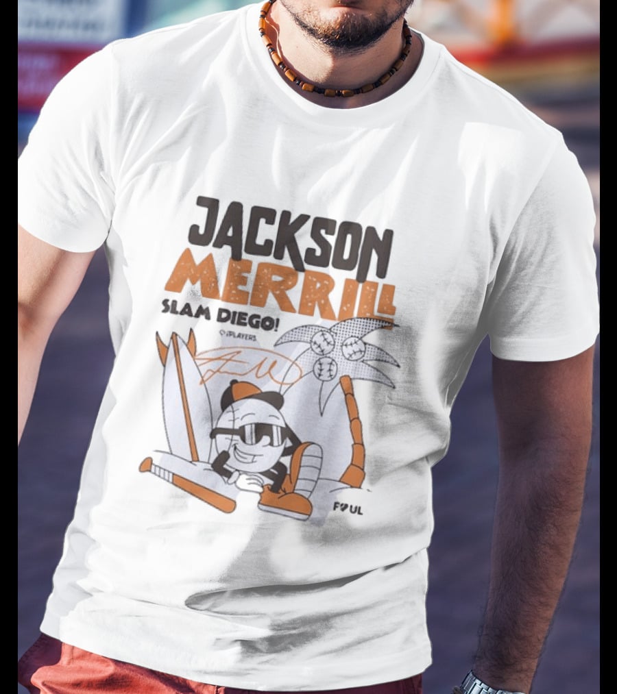 Jackson Merrill San Diego Padres Slam Diego Foul Territory Cartoon Baseball Palms T-Shirt