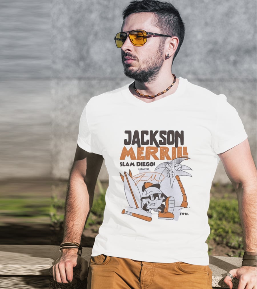 Jackson Merrill San Diego Padres Slam Diego Foul Territory Cartoon Baseball Palms T-Shirt