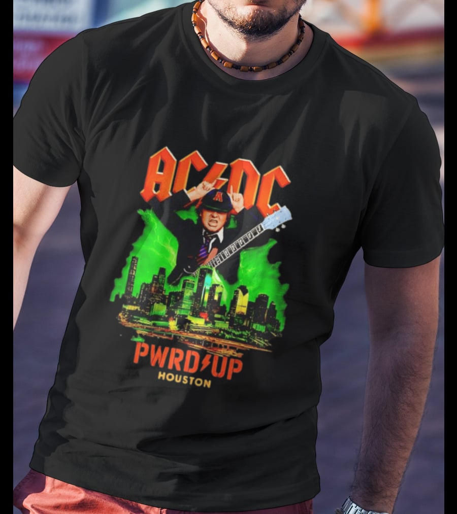 AC DC Angus Young Pwr Up Houston Hard Rock Skyline Electric Guitar T-Shirt