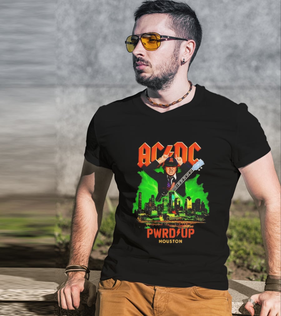 AC DC Angus Young Pwr Up Houston Hard Rock Skyline Electric Guitar T-Shirt