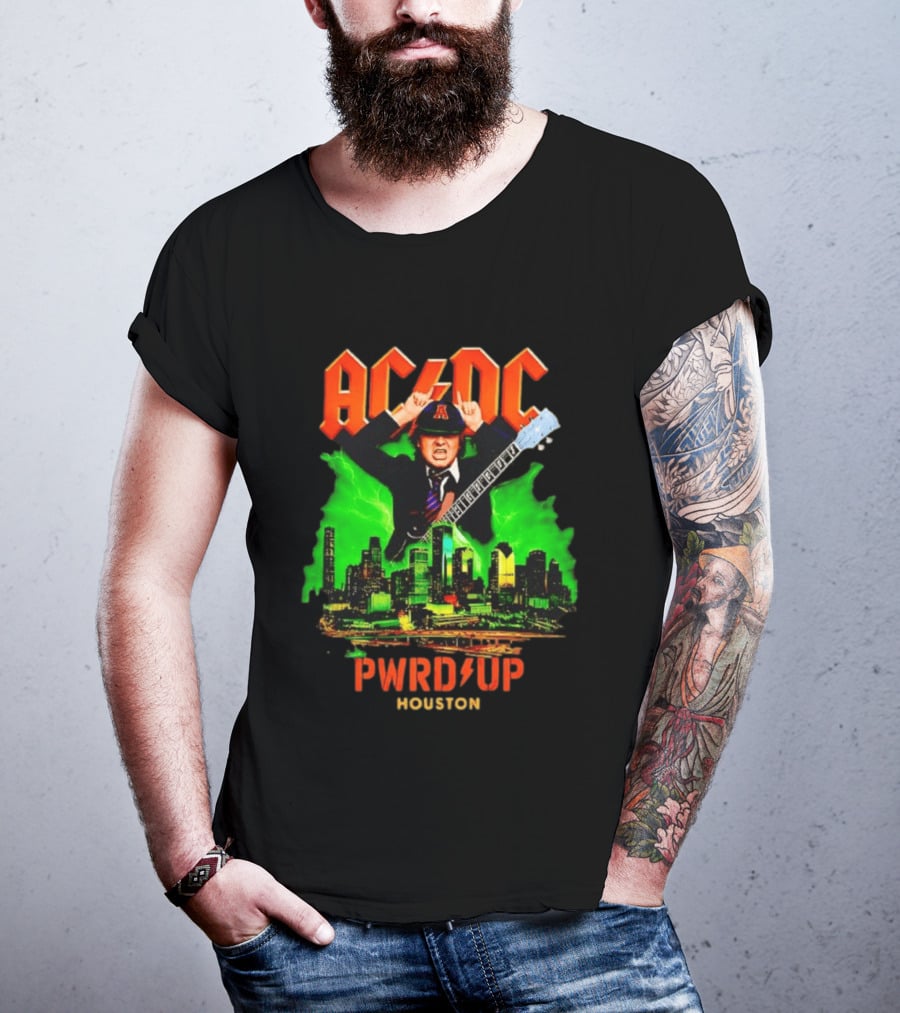 AC DC Angus Young Pwr Up Houston Hard Rock Skyline Electric Guitar T-Shirt
