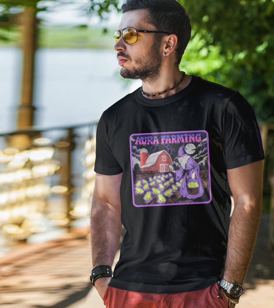 Aura Farming Moonlit Sorcerer Harvests Glowing Frogs Barn Wizard Magic T-Shirt