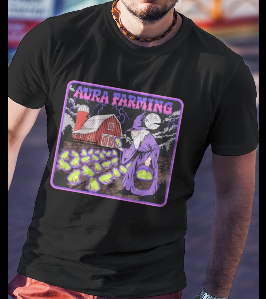 Aura Farming Moonlit Sorcerer Harvests Glowing Frogs Barn Wizard Magic T-Shirt