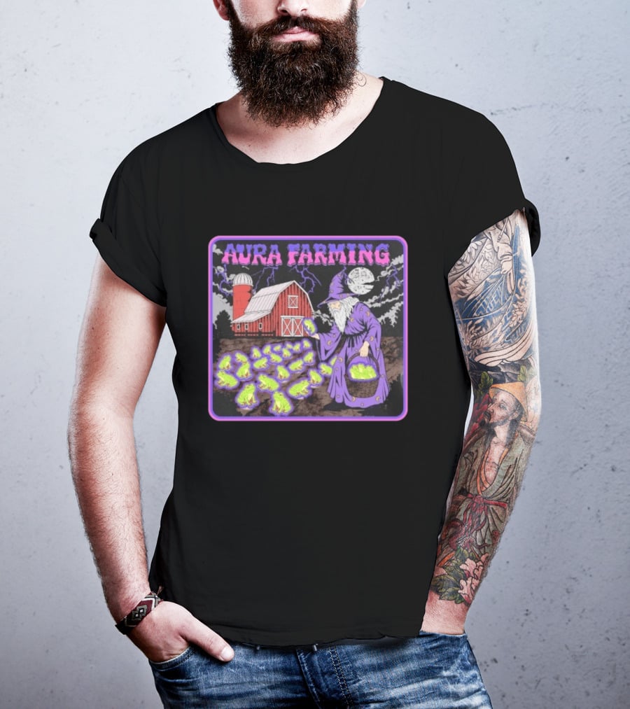 Aura Farming Moonlit Sorcerer Harvests Glowing Frogs Barn Wizard Magic T-Shirt