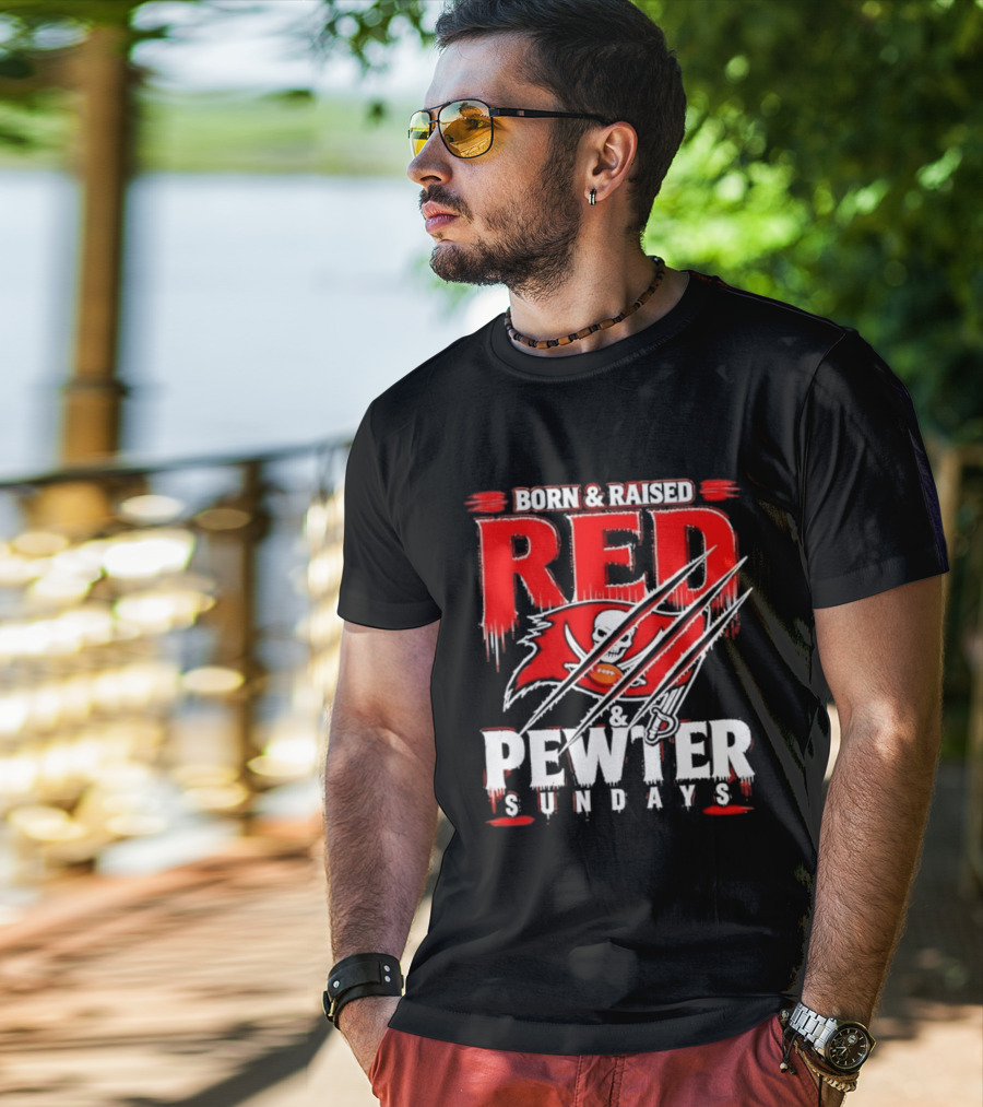 Born & Raised Red & Pewter Sundays Tampa Bay Buccaneers Fan Gear T-Shirt