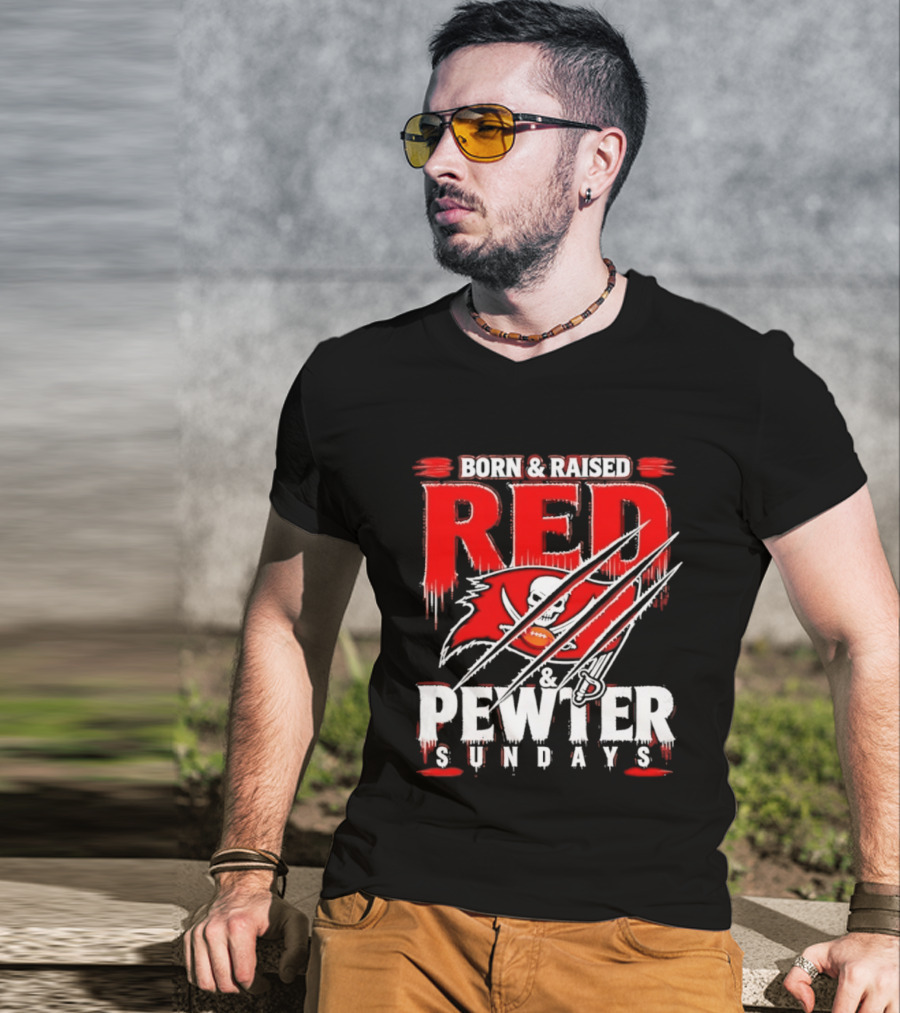 Born & Raised Red & Pewter Sundays Tampa Bay Buccaneers Fan Gear T-Shirt