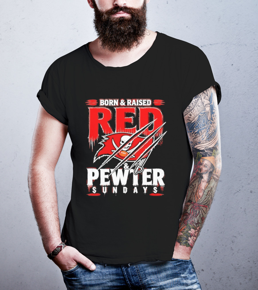 Born & Raised Red & Pewter Sundays Tampa Bay Buccaneers Fan Gear T-Shirt