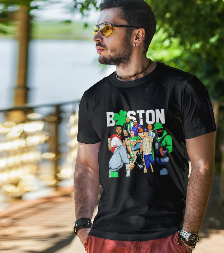 Boston Green Clover Sports Fan Characters Distressed Look T-Shirt