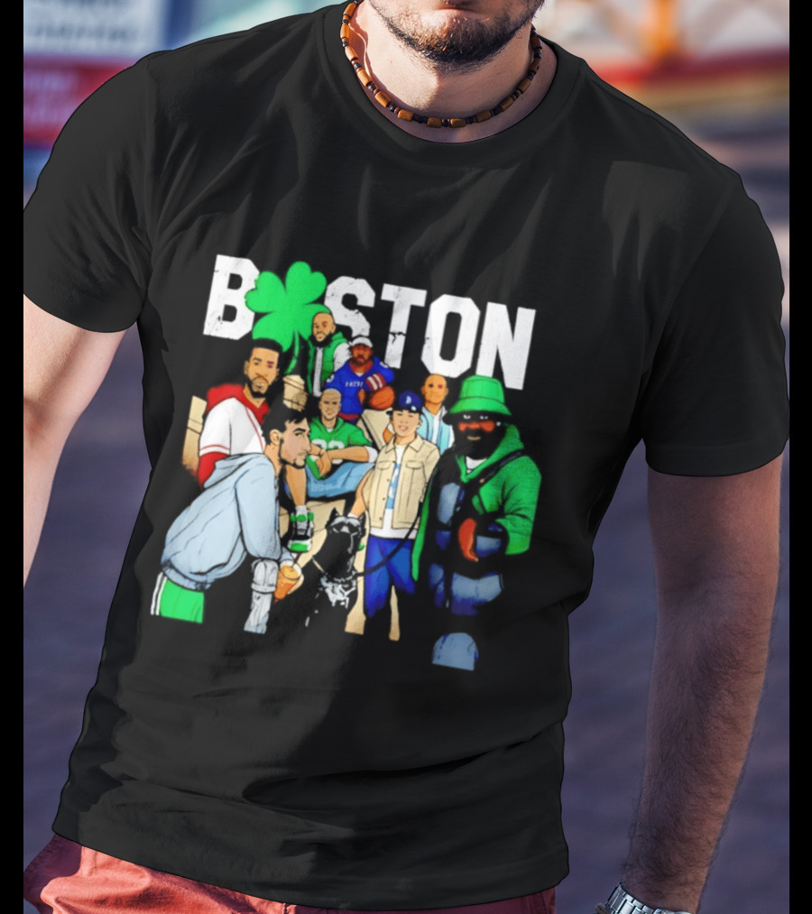 Boston Green Clover Sports Fan Characters Distressed Look T-Shirt