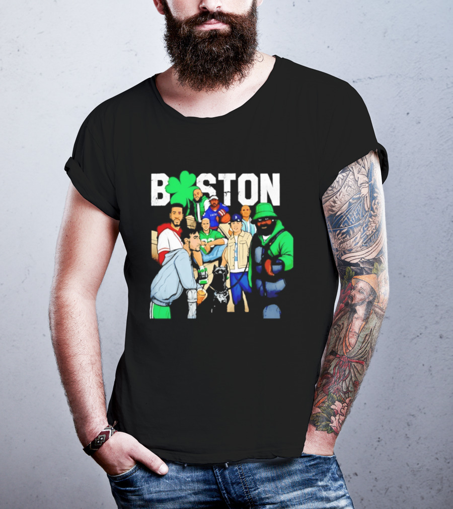 Boston Green Clover Sports Fan Characters Distressed Look T-Shirt