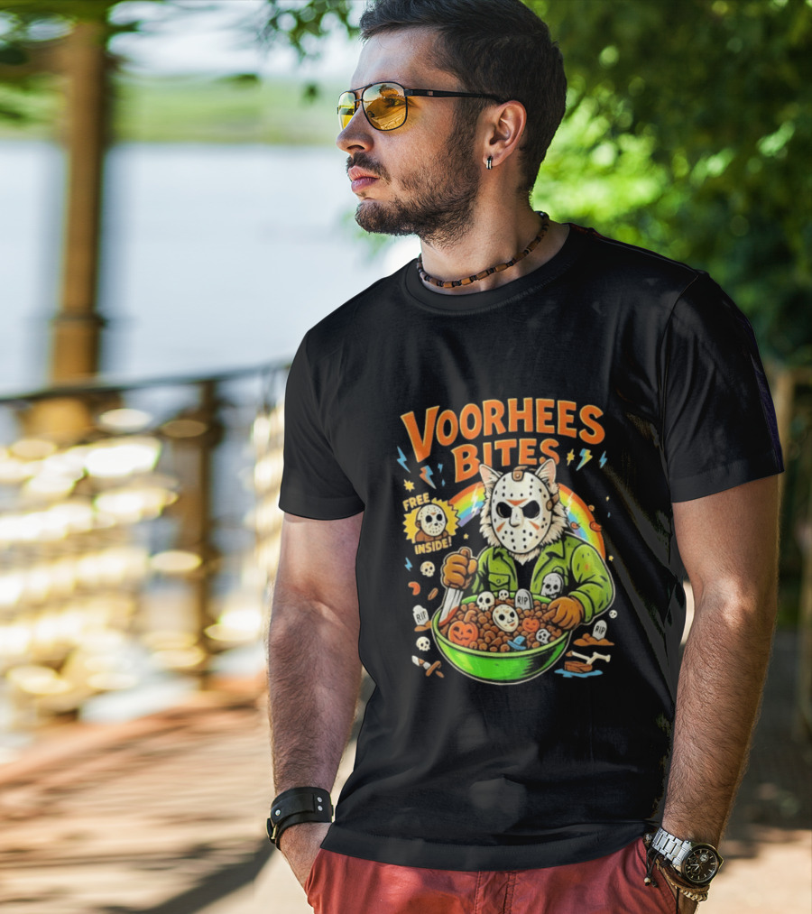Voorhees Bites Jason Voorhees Cat Cereal Horror Mask Rainbow Feline Bowl Skeletons T-Shirt