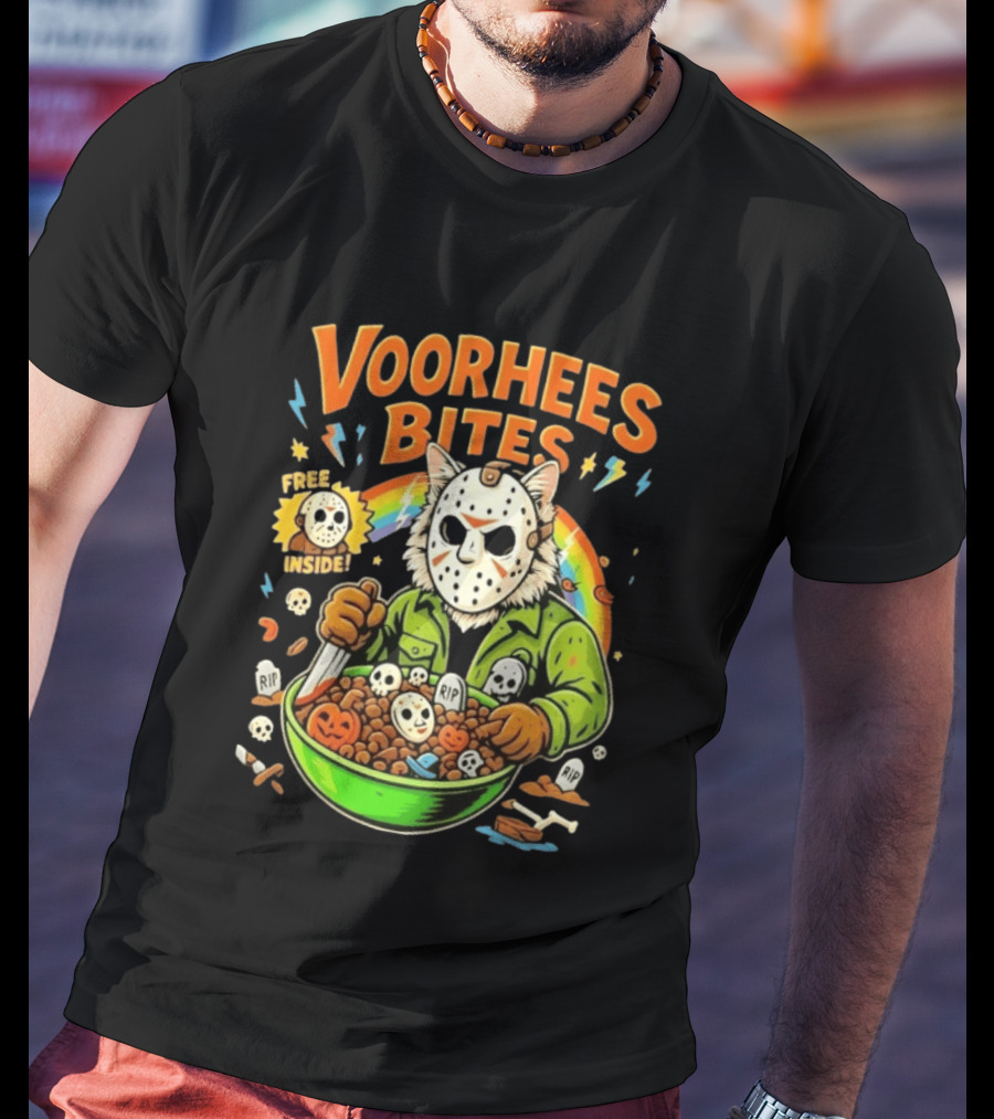 Voorhees Bites Jason Voorhees Cat Cereal Horror Mask Rainbow Feline Bowl Skeletons T-Shirt