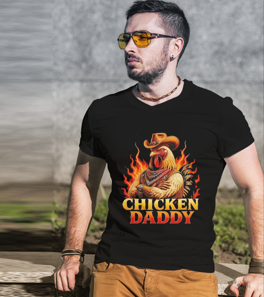 Chicken Daddy Cowboy Rooster With Flames And Bandana T-Shirt