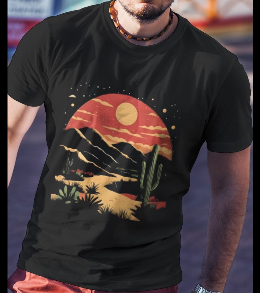 Sunset Sky Desert Saguaro Cactus Western Mountains Landscape Scene T-Shirt