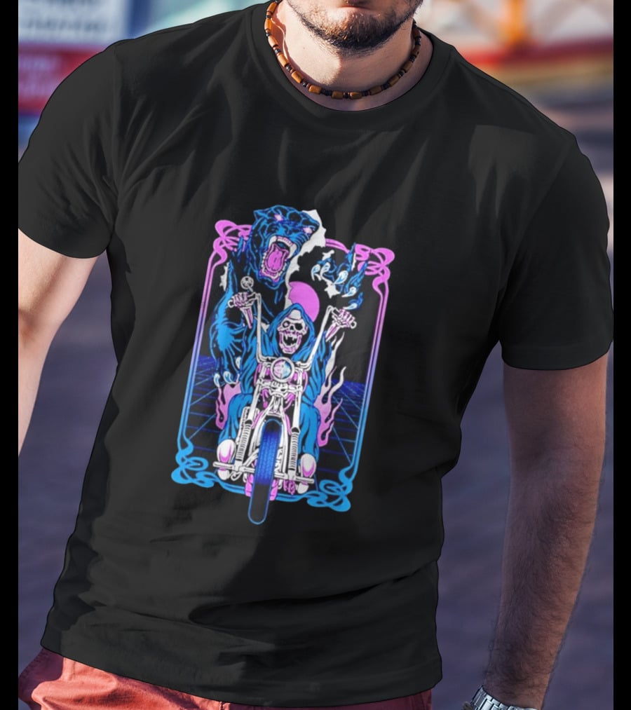 Grim Reaper Motorcycle Panther Retro Neon T-Shirt