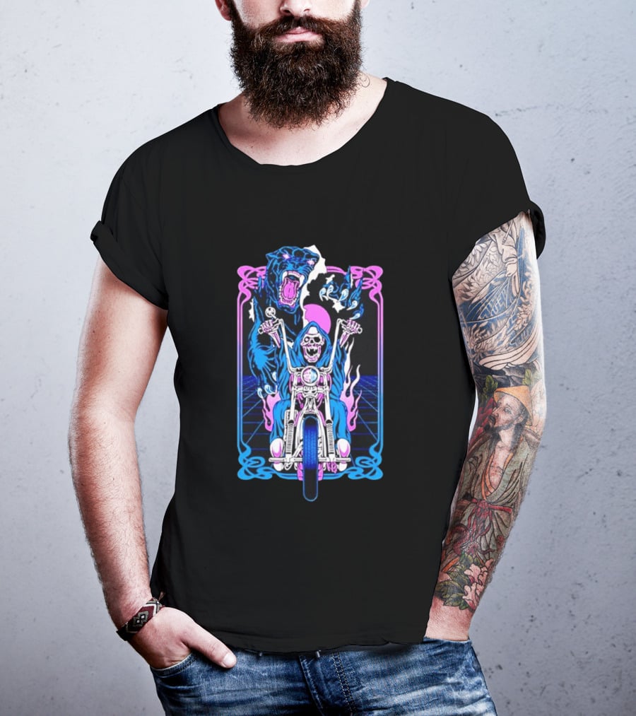Grim Reaper Motorcycle Panther Retro Neon T-Shirt