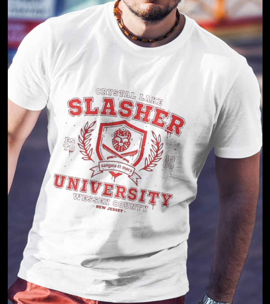 Crystal Lake Slasher University Estd 1980 Wessex County New Jersey Crest T-Shirt