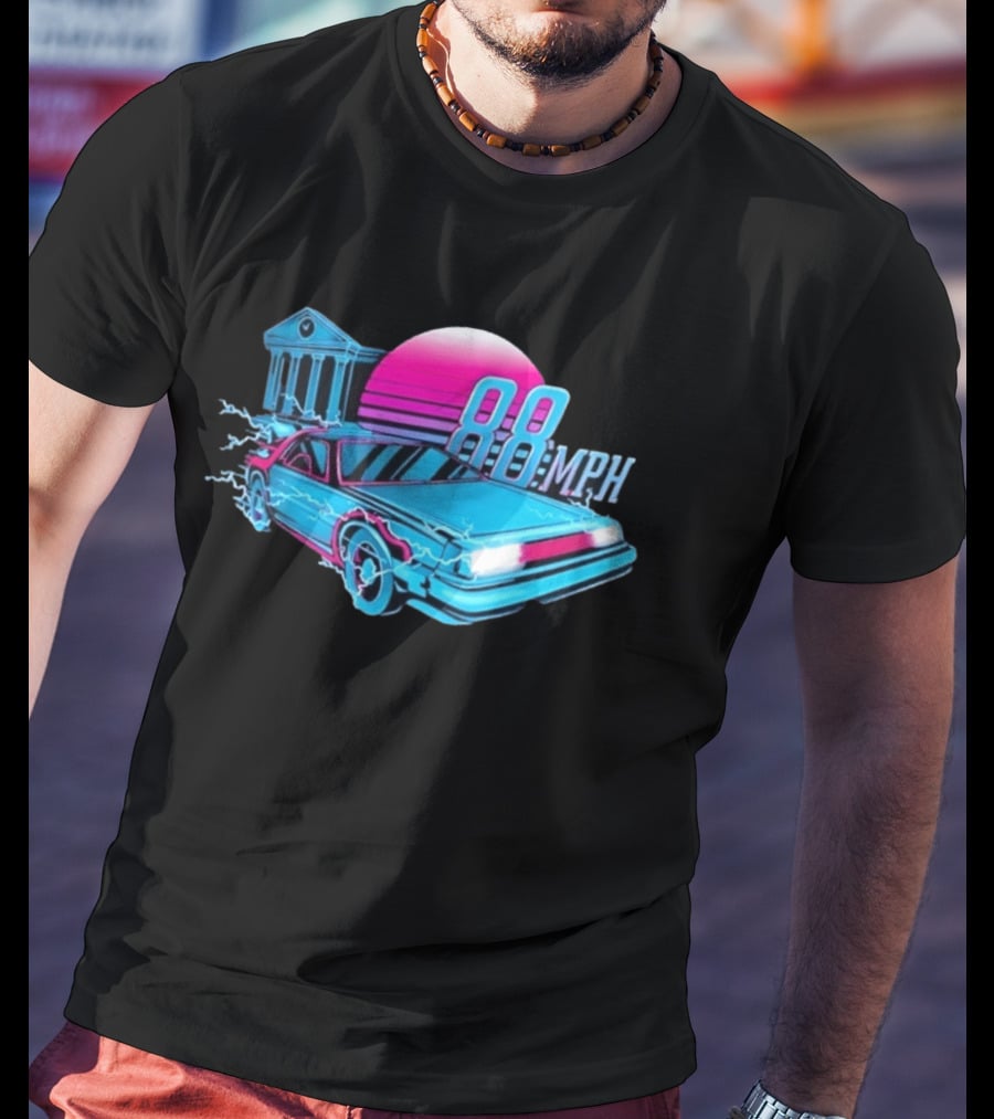 Back To The Future DeLorean 88 MPH Neon Style With Sunset And Tower T-Shirt