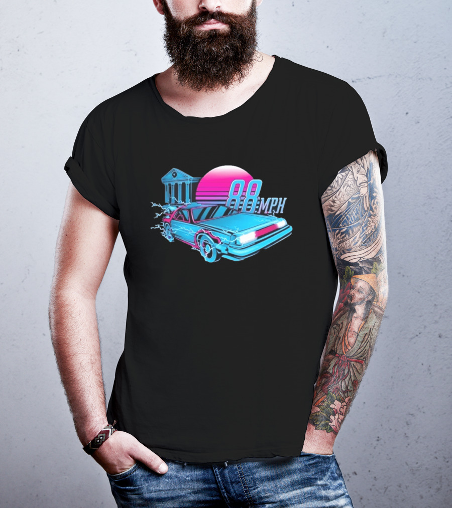 Back To The Future DeLorean 88 MPH Neon Style With Sunset And Tower T-Shirt