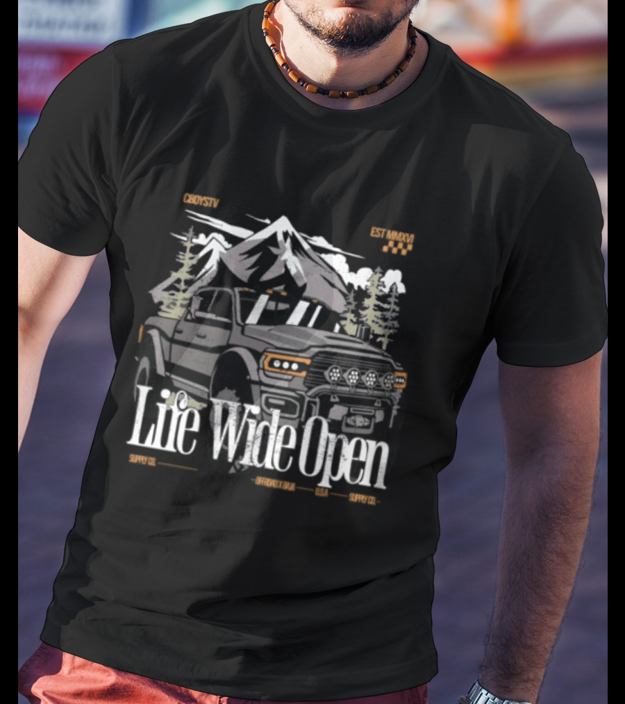 Cboystv Store Life Wide Open Ram Mountain Truck Adventure T-Shirt