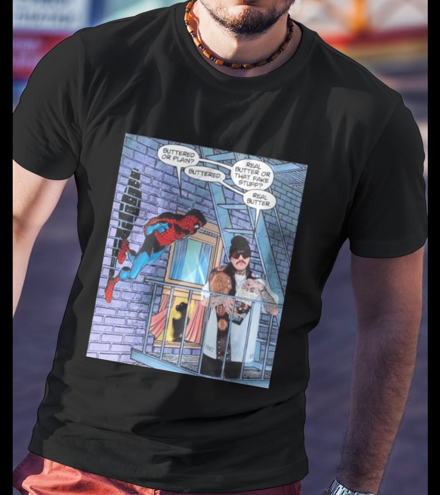 Spider Man Bret Hart Real Buttered Popcorn Balcony Scene T-Shirt