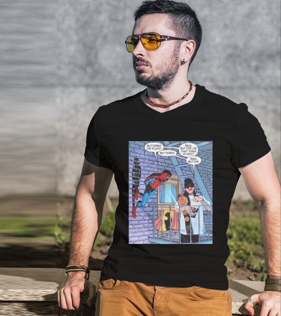 Spider Man Bret Hart Real Buttered Popcorn Balcony Scene T-Shirt