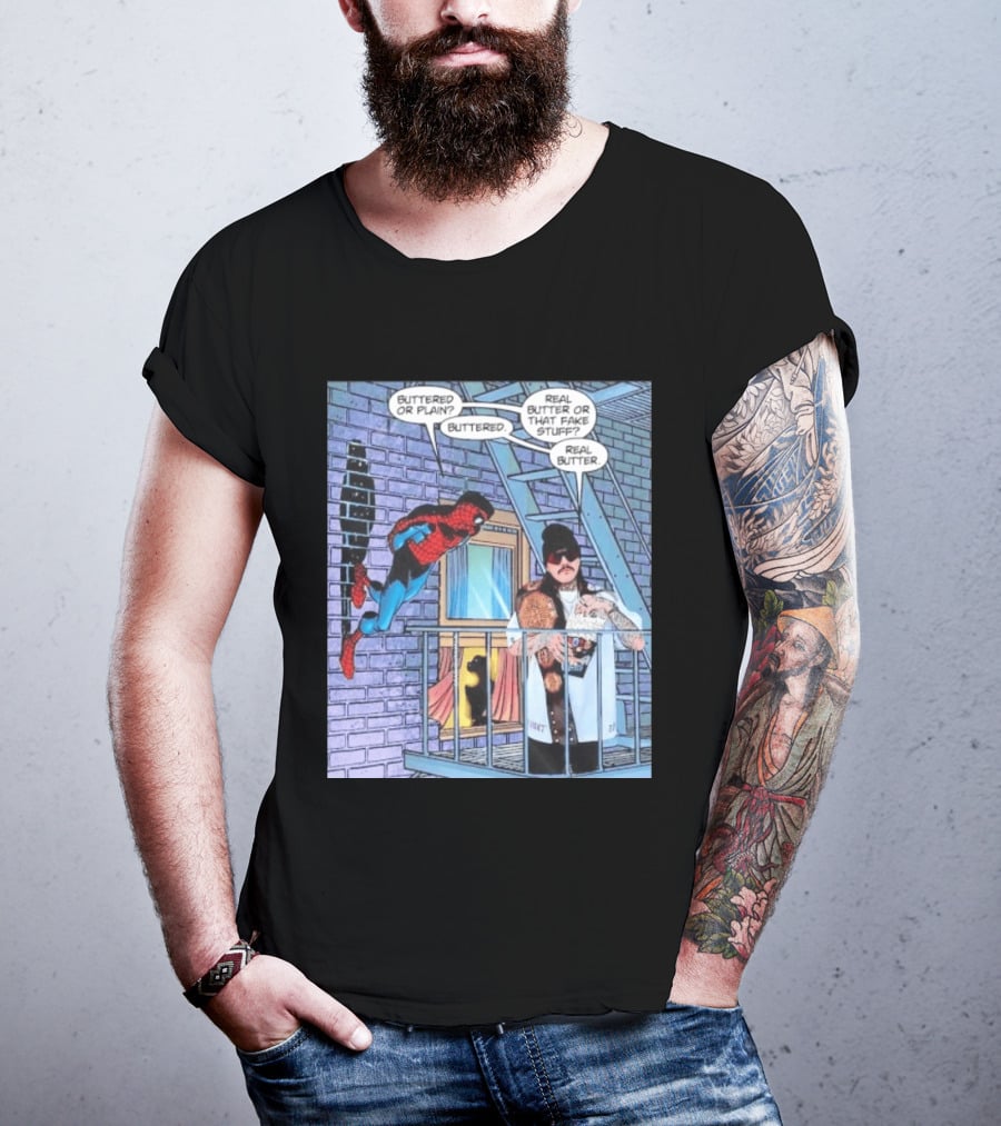 Spider Man Bret Hart Real Buttered Popcorn Balcony Scene T-Shirt
