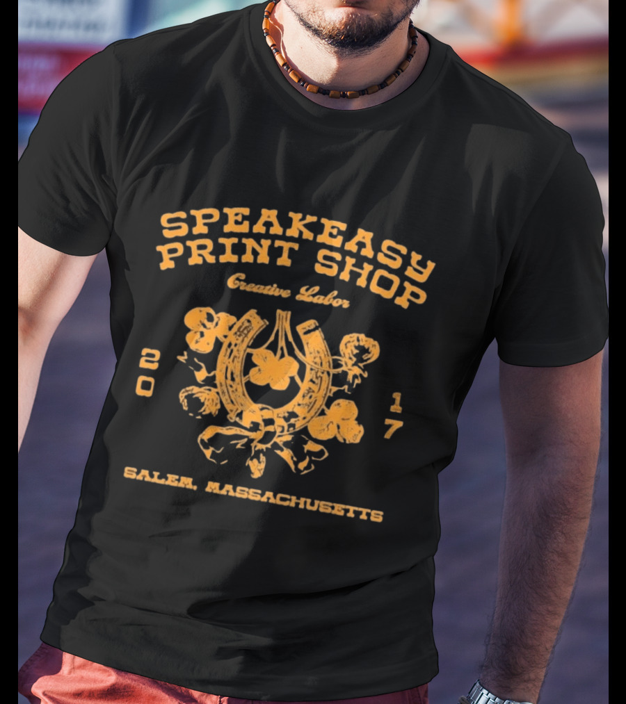 Speakeasy Print Shop Creative Labor Salem Massachusetts 2017 Horseshoe Floral T-Shirt